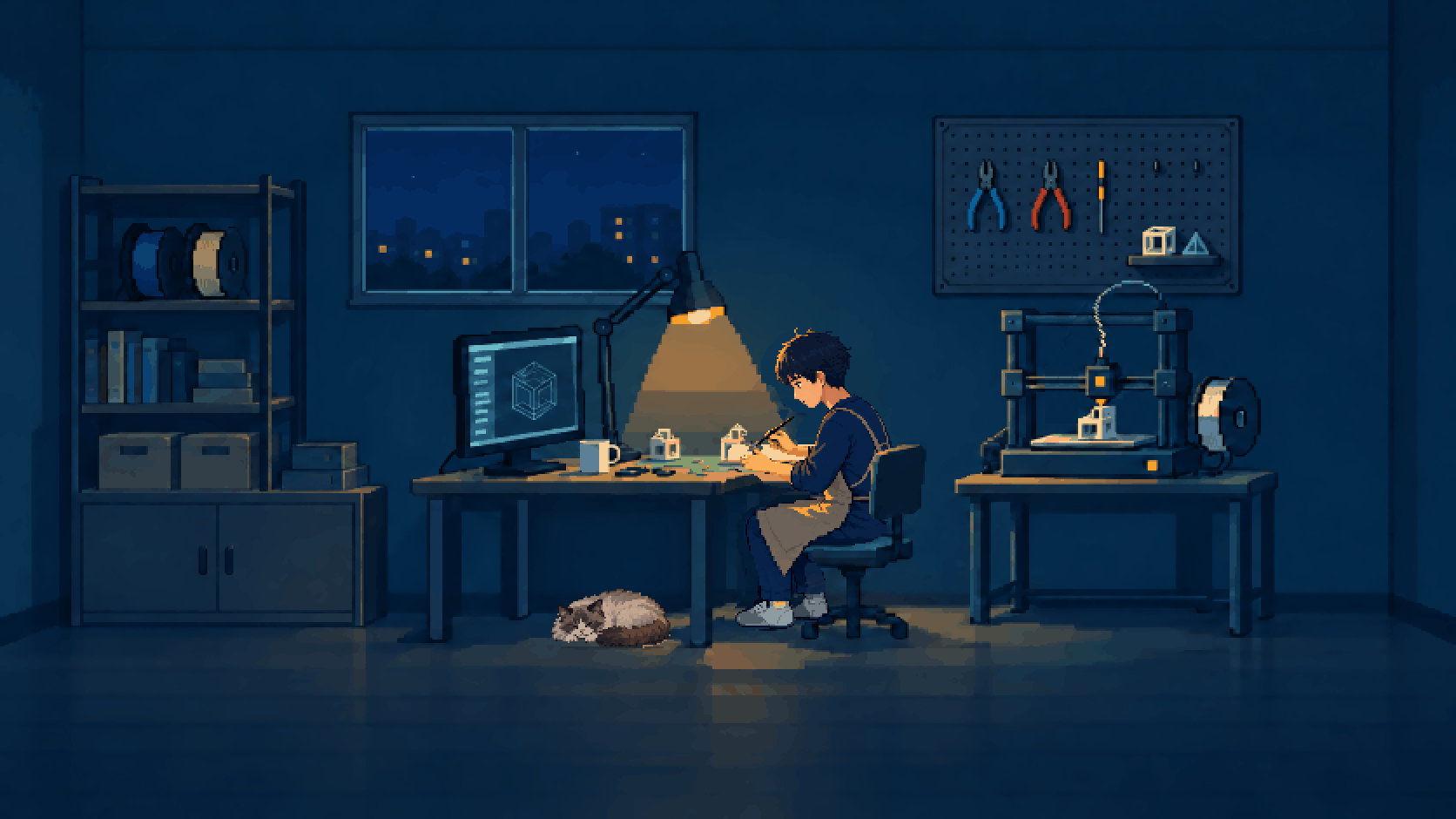 创作者在夜间工作台前修整小模型，桌下布偶猫安静蜷睡，右侧的3D打印机正在工作。